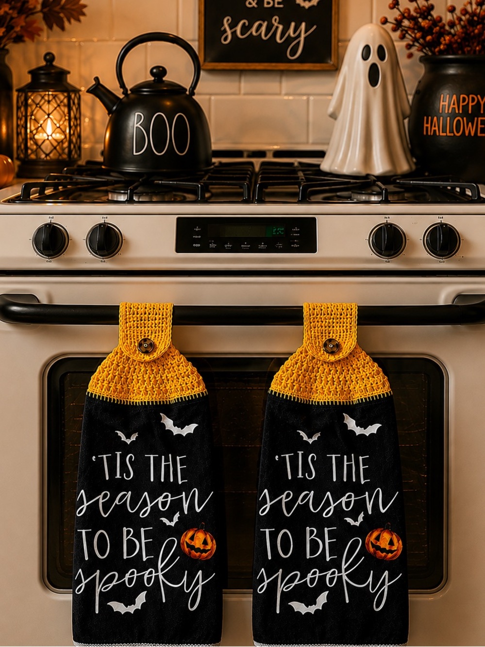 Halloween Kitchen Towels | Yellow Cotton Crochet Star Stitch Toppers